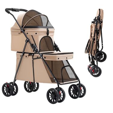 Дитяча візок для тварин Homewell з 2 ярусами, складний, для собак та котів, знімний кошик, тримач для напоїв, безпечний поводок, вантажопідйомність 25 кг (Хакі)