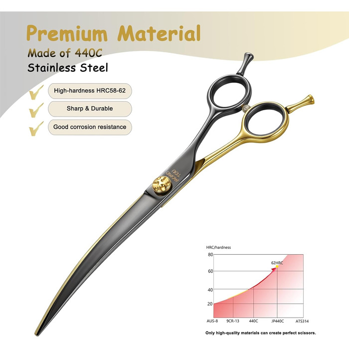 Професійна вигнута ножиця для грумінгу собак, з декоративним гвинтом, гостра та довговічна, японська сталь 440C, безпечна закруглена кінчик, 19,1 см, чорний та золотий колір