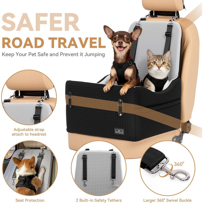 Автокрісло для собак PETSFIT до 15 кг з пам'яттю, 2 відділення, чорно-сірий
