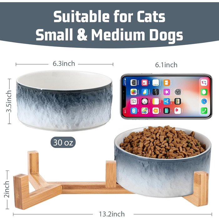 WoofinPets Керамічні миски для собак і котів 850 мл з дерев'яною підставкою, набір з 2 шт. — важкі, нековзкі миски для корму та води, для малих і середніх порід, сучасний дизайн