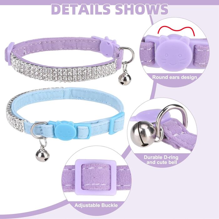 Нашийник для котів ExPawlorer з дзвіночком та стразами, на м'якому оксамиті, регульований, безпечний, для котів та маленьких собак, 2 шт., 9'-12' (Синій та фіолетовий)