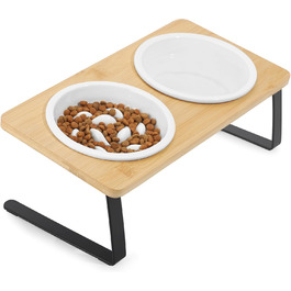 Набір мисок для котів PETTOM Anti-Schling з кераміки: піднята миска з нахилом 15°, бамбукова підставка, протиковзаюча, для вологого та сухого корму