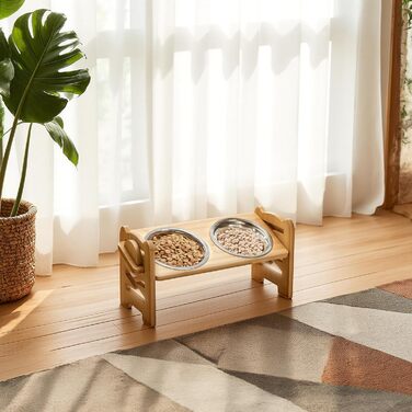 Підвищена годівниця для собак RLAVBL з бамбука, регульована, для повільного годування, з 2 нержавіючими мисками, антиковзаючі підкладки, для собак та котів