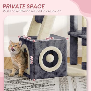 Кігтеточка для котів Dogat 107 см: багатоярусна, з будиночком, лежаком та ігровими елементами (сірий/бежевий)