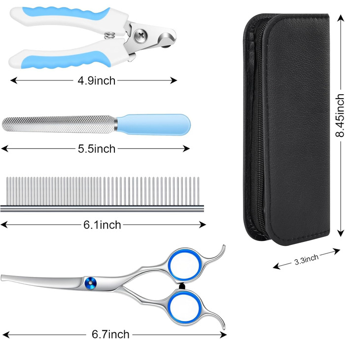 Набір професійних ножиць для грумінгу собак та котів, 4 шт. з безпечними закругленими кінцями, сталевий гребінець, шкіряний чохол