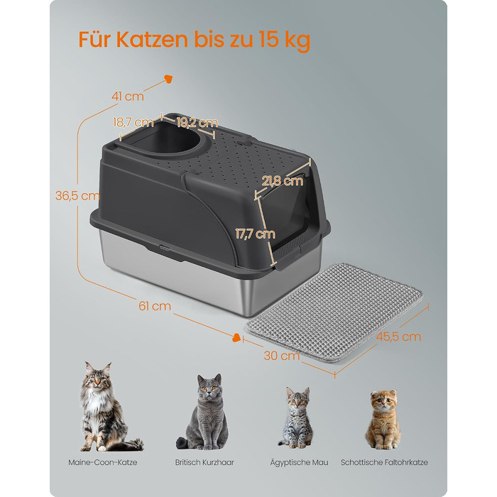 Сталевий лоток для котів Feandrea XL з кришкою, для великих котів до 15 кг, колір чорний