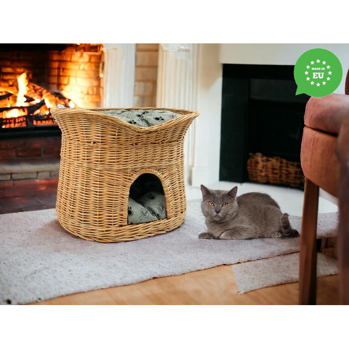 Кошик для кота зі спального місця, котяча хата з лози 60 см, двоповерхове ліжко для котів і собак з м'якою сірою подушкою, натуральний колір
