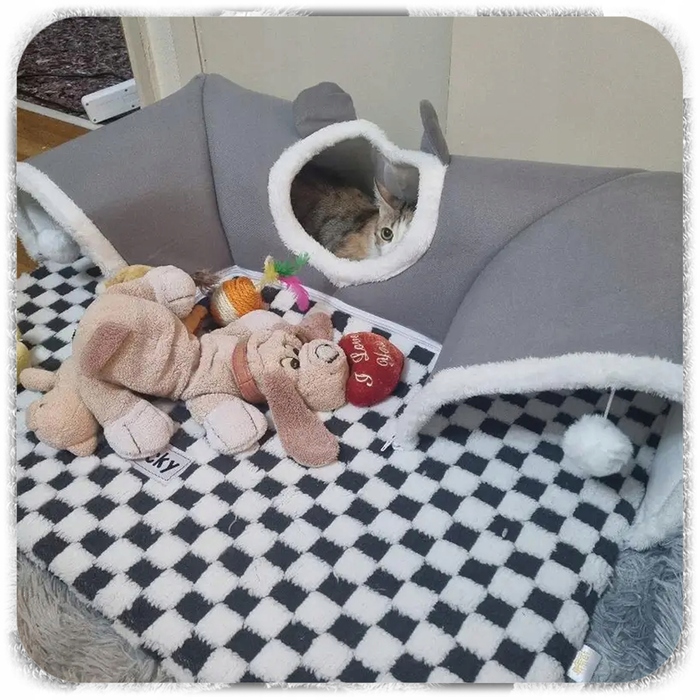 Плюшеве ліжко-шахівниця для котів з тунелем 2в1, сіре, розмір XL 86x70x26 см
