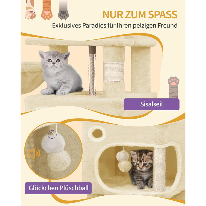 Драбина-кіготь для котів Hzuaneri, 159 см, з 8 стовпчиками, 3 платформами, 2 хованками, кошиком, плюшевими кульками та мотузкою з сизалю. Підходить для котів різних розмірів. MS15918LG (Бежевий)