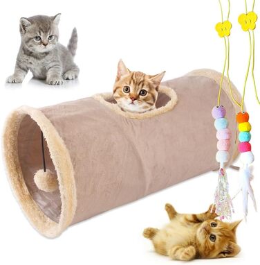 Туннель для котів Mymai з м'яким велюровим покриттям, інтерактивний шурхотливий тунель з 2 підвісними іграшками, ідеальний для кроликів та інших дрібних тварин (Хакі)