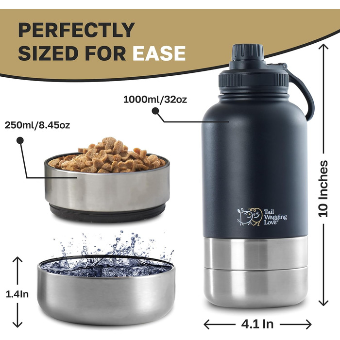Водяна пляшка для собак Tail Wagging 3-в-1 з двома мисками, 907.2 г, нержавіюча сталь, ізольована, для подорожей
