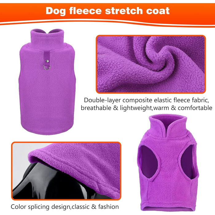 PETCUTE Теплий зимовий пуловер для собак, флісова жилетка для маленьких, середніх та великих собак, жилетка для собак з отвором для повірця, фіолетовий