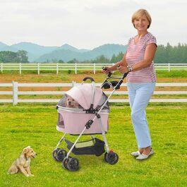 Візок для собак та котів, розкладний, до 12 кг, з кошиком та страхувальним тросом (Sakura-Rosa)