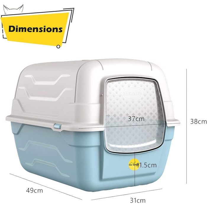 Туалет для котів Cat Centre з кришкою, лотком, дверцятами, шкребком та вугільним фільтром для великих котів, 52 x 40 x 40 см (52 x 40 x 40 см, Синій + Синій килимок)