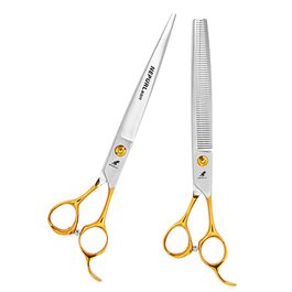 Професійний набір ножиць для грумінгу домашніх тварин (19,1 см), прямі та зігнуті ножиці для вирівнювання, сталь VG10