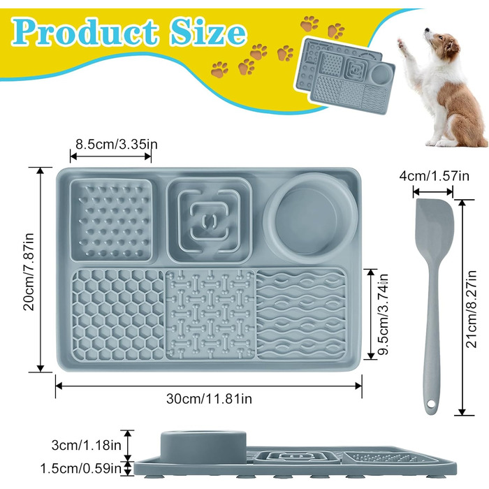 Силіконова килимок-заспокійвач для собак та котів Cooltto з мискою з нержавіючої сталі, з присосками, для грумінгу, миття та тренувань (Сірий, Модель A- 6 в 1 з 59 присосками)