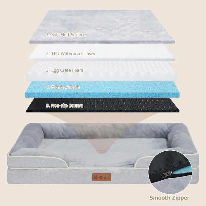 Ортопедичне ліжко для собак середніх порід - Водонепроникне ліжко для тварин з піною-пам'яттю знімний, пральний чохол, антиковзаюче ліжко-софа для собак середнього розміру (M, Сірий) 86.4 x 91.4 x 16.5 см