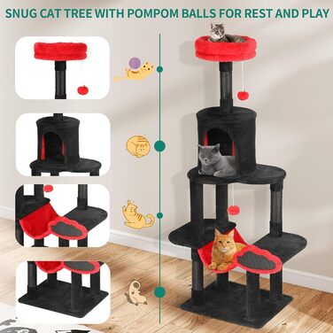 Котячий комплекс YITAHOME XXL, 142 см, з 8 стовпчиків сизалю, 3 платформи, 2 печери, гамак, іграшки, чорно-червоний