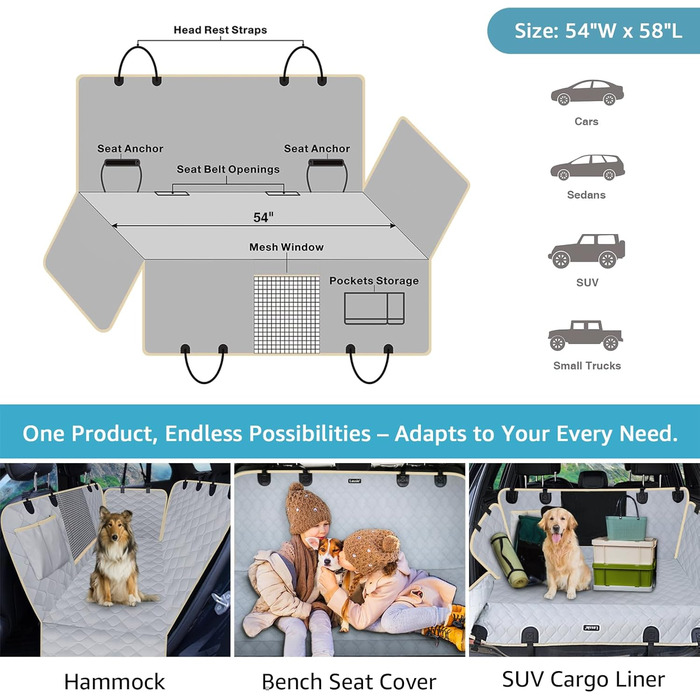 Захисний чохол на сидіння для собак Lassie XL, автомобільна гамак для великих SUV та пікапів, сумісний з F150 F250/Chevrolet Silverado/Ram Pickup/GMC Sierra/Toyota Tundra та Crew Cab (54'W x 58'L, сірий)