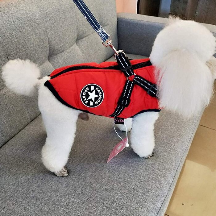 Зимовий теплий одяг для собак з шлейкою, тепла куртка для маленьких собак, XL (4-7 кг), червоний