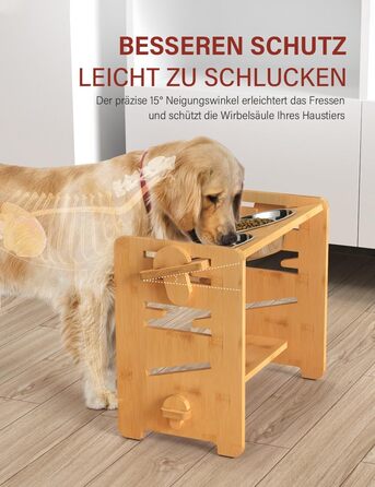 Підвищена годівниця для собак Vantic з підставкою, регульована висота, миска для маленьких собак та котів, з нержавіючої сталі, з двома мисками та протиковзкими ніжками (для середніх собак, бамбук)