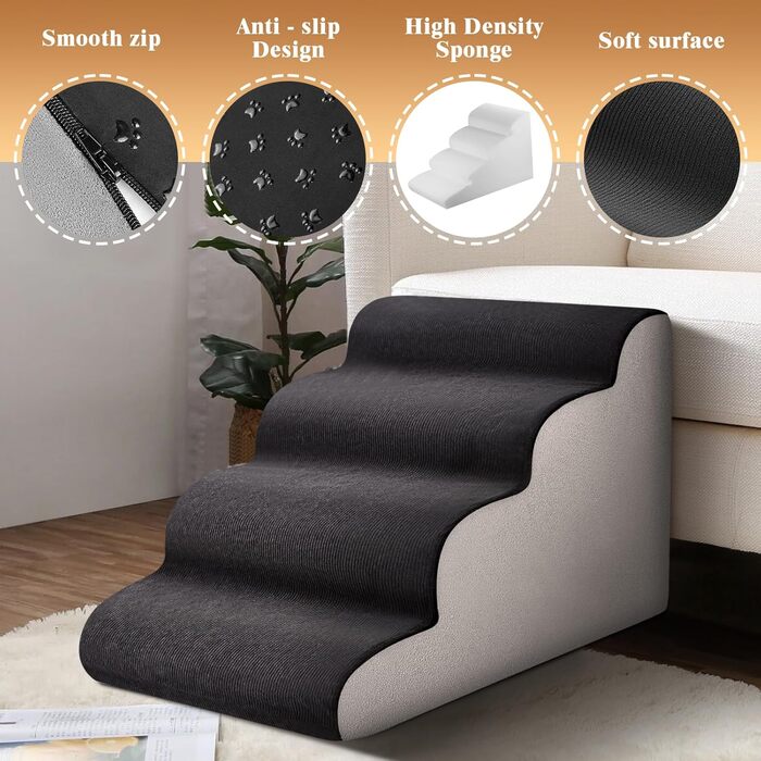 Сходинки для тварин JUOIFIP, 4 сходинки, для маленьких собак та котів, чорно-сі кольори, миючий, антиковзаючі