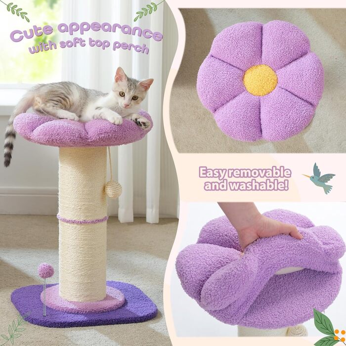 Котячий дряпак PAWZ Road Blume, високий, з товстою стійкою 14 см, знімне квіткове ліжко, іграшка з пір'ям, для домашніх котів, фіолетовий