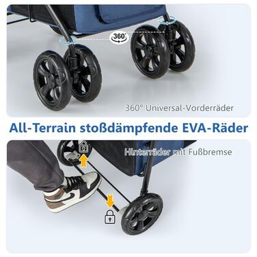 Візок для собак та котів GYMAX, складаний, до 40 кг, з кишенями та сітковими вікнами, універсальні колеса та ручка, блакитний