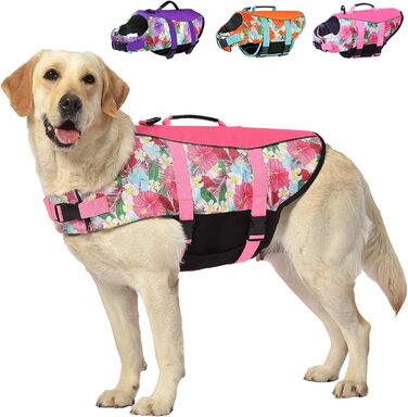 Світловідбиваюча жилет для плавання собак Hawaiian Sports Style, жилет для собак з ручкою для рятування, регульований жилет для цуценят, середнього, великого розміру, квіти + рожевий