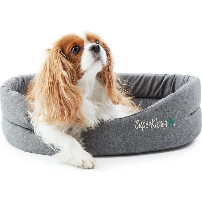 Крісло-лежанка для собак та котів SuperKissen24 - Овальне, 71x60 см, сірий льон. Водостійке, з сертифікатом Oeko-Tex, легко миється