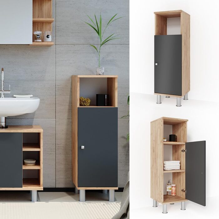 Пенал для ванної Vicco Fynn, антрацит/дуб, 30x95 см