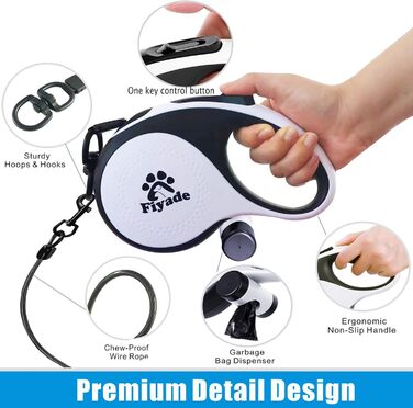 Висувна поводок для собак, 5 м, поводок-рулетка з ланцюгом, подвійний поводок для 2 собак, подовжений поводок для середніх та великих собак до 50 кг, білий та чорний, з пряжкою