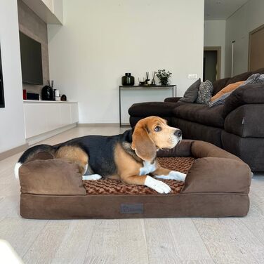 Ортопедичне собаче ліжко для великих собак, водонепроникне, знімний та миючий чохол, віскоеластична піна, заспокійливий плюш, піднятий борт, 90x65x23 см, коричневе