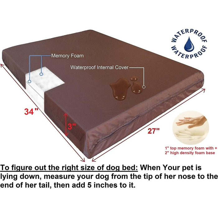 Лежанка для собак з Memory Foam, водонепроникний вкладиш, знімна наволочка - 2 розміри, 12 кольорів, чорний Canvas (середній, 34'X27'X3')
