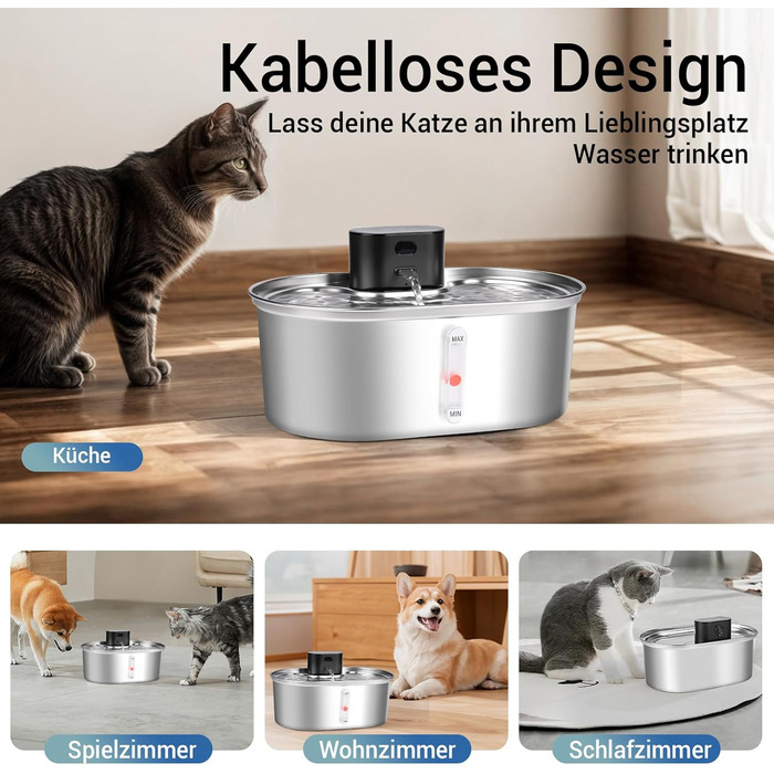 Фонтанчик для котів Dreamhigh® 3.5L: бездротовий, з датчиком руху, з нержавіючої сталі, 2 режими подачі води, для котів та маленьких собак