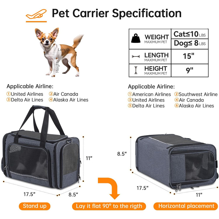 Трансформер для котів та собак Groxkox: сумка-переноска, схвалена для перевезень літаком, сіра, 44.5 x 21.6 x 27.9 см