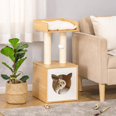 PawHut Котяча печера з котячою печерою та 2 подушками, 2 яруси включаючи котячий будинок, іграшка з м'ячем, котяча квартира, сизаль, натуральна, 35 x 35 x 81 см | Аосом