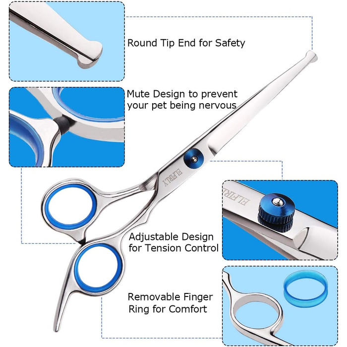 Набір професійних ножиць для грумінгу собак Elfirly: нержавіюча сталь, заокруглені кінчики, витончене лезо, ножиці для розрідження, ножиці для вигину, набір для стрижки шерсті тварин з тримером для нігтів для собак і котів, блакитний