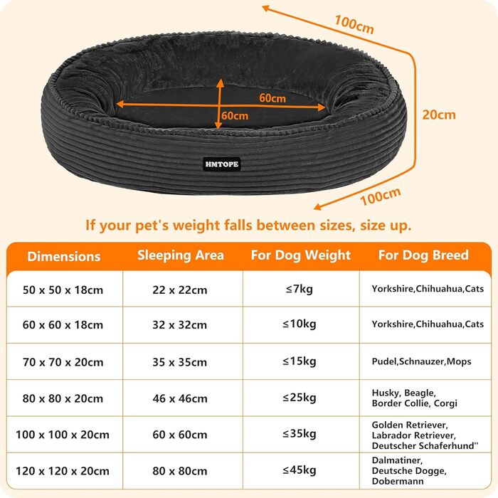 Кругле ліжко для собак великих порід, котяче ліжко, зручне, миється, кошик для собак, донат, ліжко для собак, знімний, антиковзкий килимок, Ø 100 см, темно-сірий, 100 x 100 x 20 см