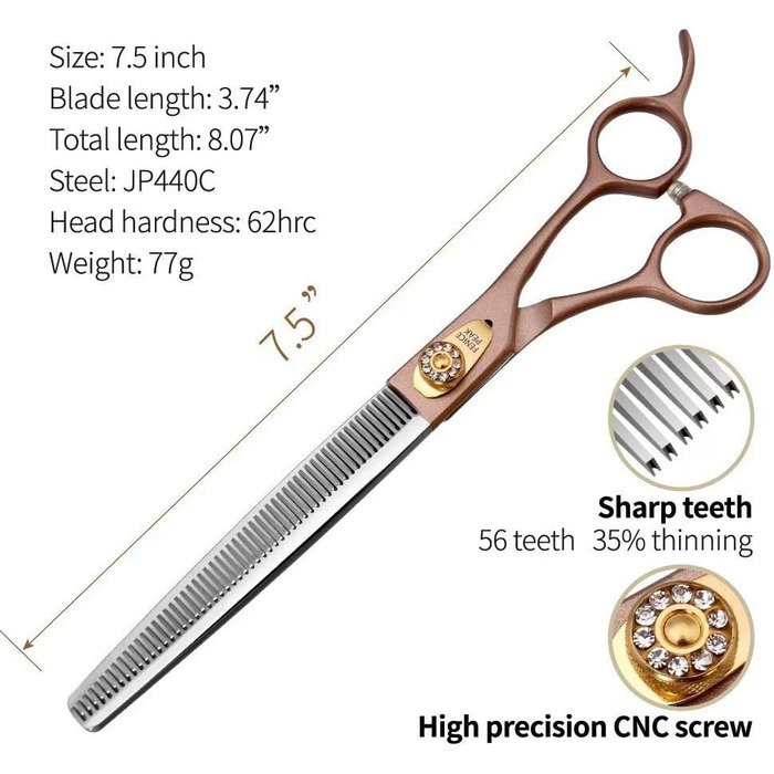 Професійна ножиця для вирівнювання шерсті собак та котів Fenice Peak, 1.2 см, з нержавіючої сталі 440C, 50/56 зубців, 7.5 дюймів