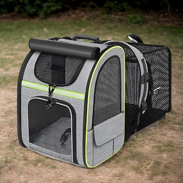 Рюкзак-переноска для котів з висувною мискою – зручна переноска для тварин, дихаюча, складна, для подорожей, прогулянок, транспортування (Сірий з зеленими вставками)
