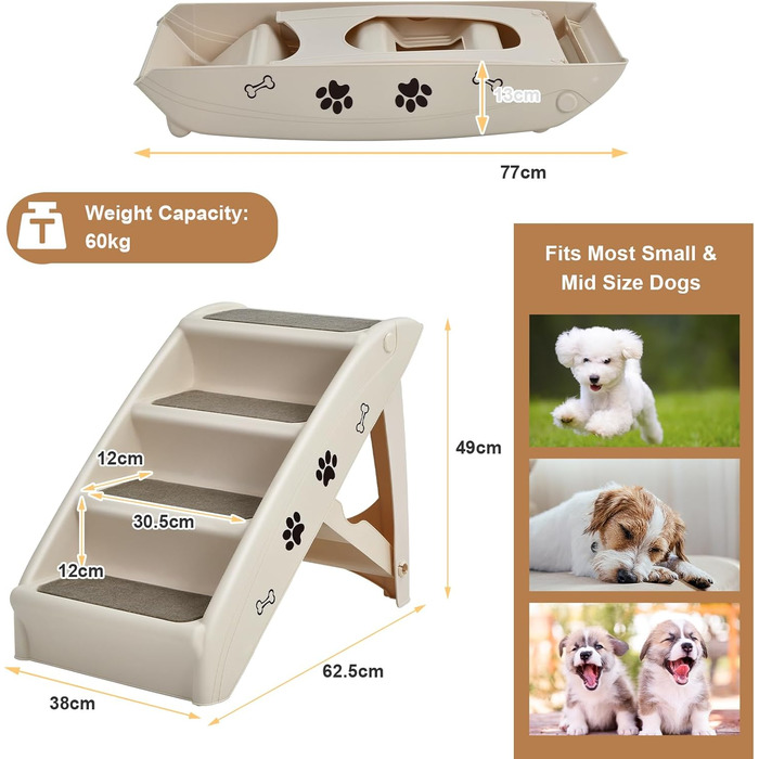 Сходинка для тварин SOARS, 4-ступенева, для собак та котів, з килимком з повсті, до 60 кг, антиковзаюча, для ліжка, авто, дивана (Бежевий)