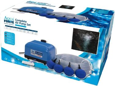 Повітряний насос AquaForte Hi-Flow V-10 для ставка, комплект з розподільником, 25 м шлангом 4x6 мм і 4 аераторами 5 см, продуктивність 4 л/хв на 1,2 м, для ставків до 6 м³