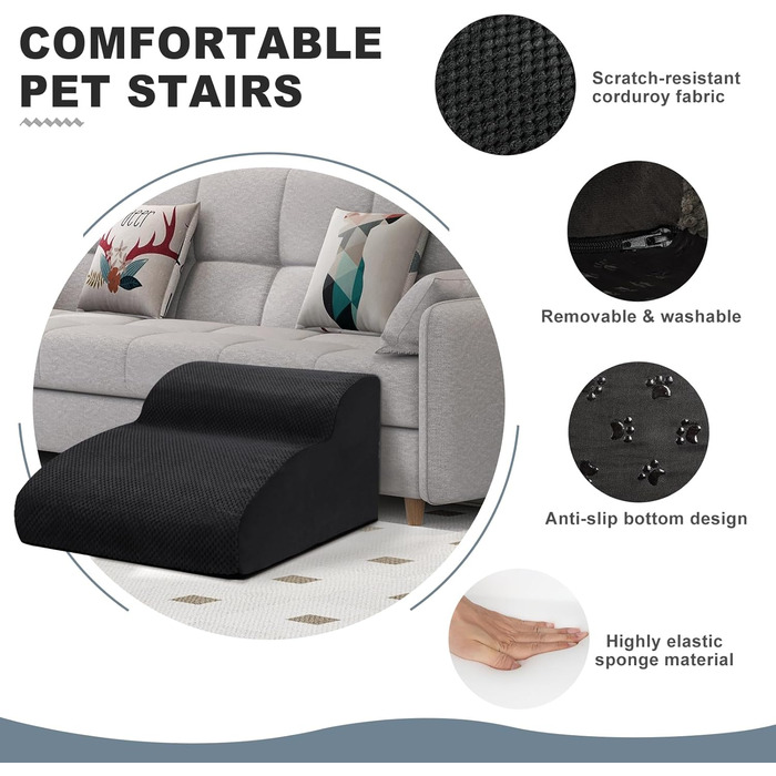 Сходинки для собак Mozvvco: 2 сходинки для маленьких собак, м'який матеріал, знімна оббивка, чорного кольору