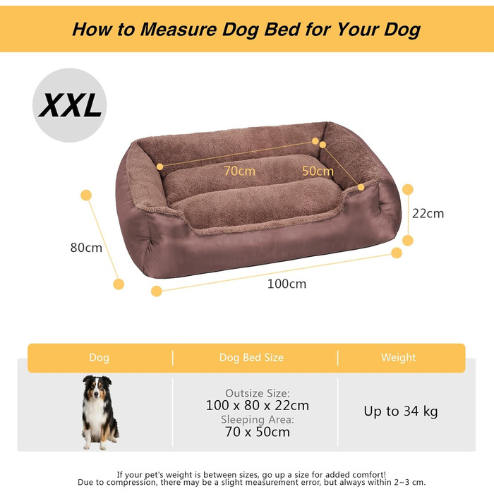 Велике собаче ліжко, ортопедичне XXL, м'яке та комфортне для великих собак, з неслизьким дном (XXL 100x80x22 см, коричневе)