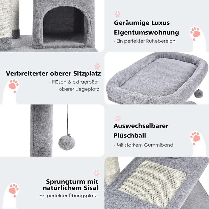 Дряпак для котів COSTWAY, 85 см, з будиночком, м'яким сидінням, м'ячиком та сизалевими стовпчиками, сірий
