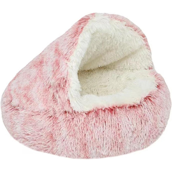 Килимок для кота, песика, гніздо-печери, круглий, м'який плюш, з капюшоном, пончик, теплий лежак для домашніх тварин, самопідігріваючий, 60 x 60 см (Рожевий)