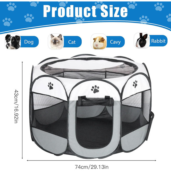 Складана переносна вольєр для цуценят та собак, 74x74x43 см, водовідштовхувальне полотно Oxford, сірий, M