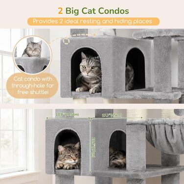 Комплекс для котів Globlazer XXL 209 см з 2 будиночками, великою платформою, 3 кошиками, ситцевими стійками, 8 стовпчиками з сизалю. Стабільний комплекс для котів Globlazer (S82, сірий)