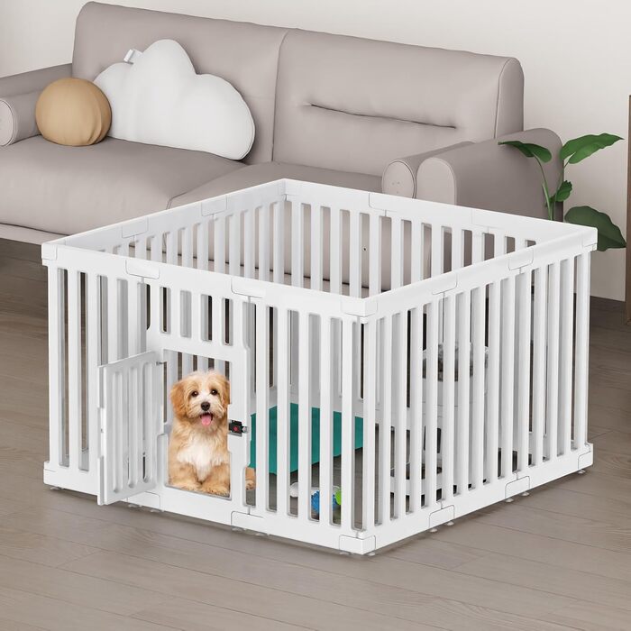 Клітка для цуценят FASRIOU Indoor 65 см, пластикове огородження для собак з антиковзкими присосками, вольєр для маленьких собак, 18 панелей (100 x 100 x 65 см), з роздільними секціями